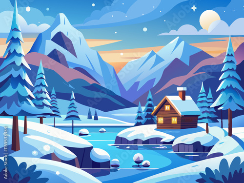 Winter landscape illustration of winter nature view with snowy hills, sunset sky, mountains, river, cozy house and falling snow. Good for travel banner, card, vacation touristic advertising, winter re