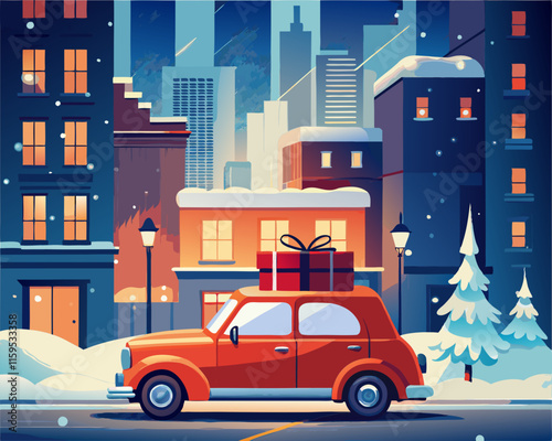 Old fashioned red car with present gift on a roof rack. Winter evening city scene. Christmas celebration banner or advertising gift card design. Cartoon drawing style. Isolated transparent background.