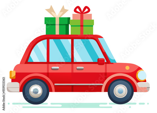 Red car caring gift boxes on the roof. Cartoon drawing style. Isolated transparent background