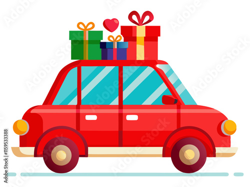 Red car caring gift boxes on the roof. Cartoon drawing style. Isolated transparent background