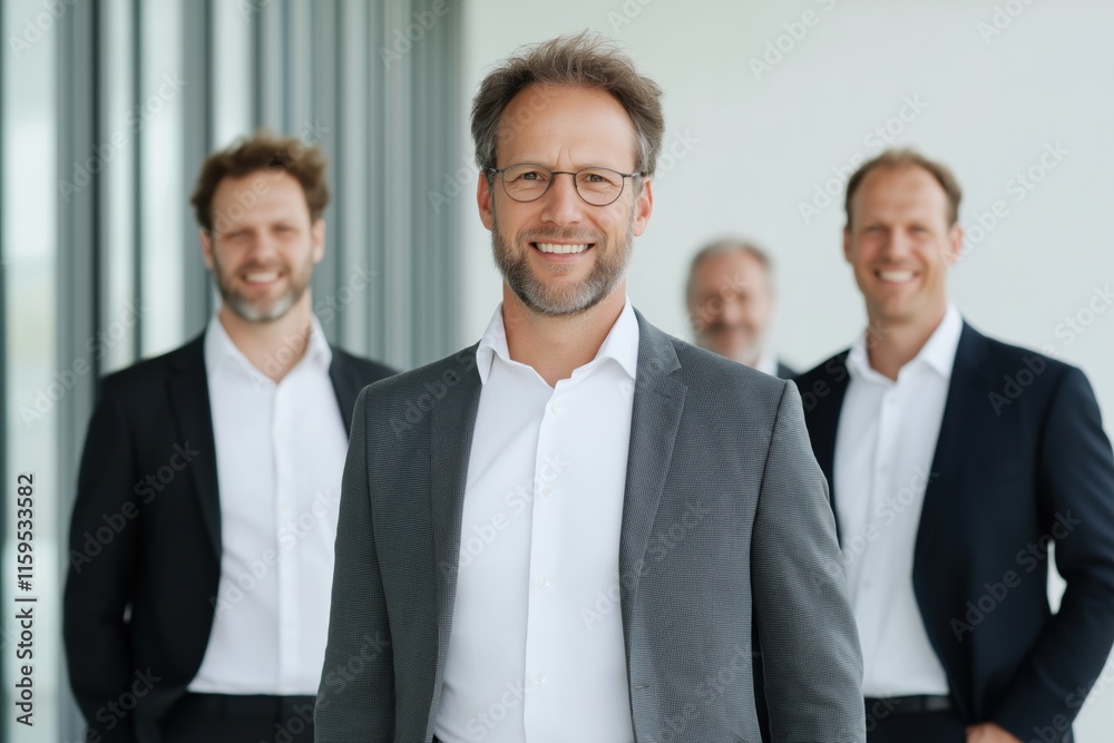 Three men in suits are smiling for the camera. The man in the middle is wearing glasses and has a beard. The other two men are also wearing suits and have beards Three men in suits are smiling for the camera. The man in the middle is wearing glasses and has a beard. The other two men are also wearing suits and have beards