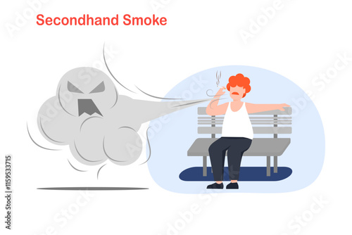 Man sitting on a chair smoking and blowing smoke in public. Flat illustration concept of second hand smoke toxicity.