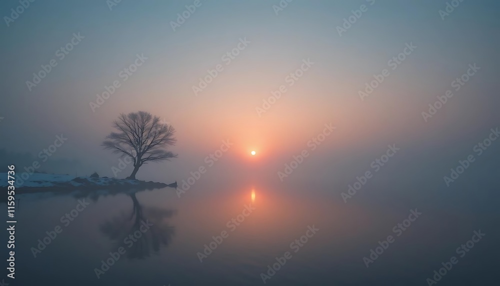 Solitary Tree Reflecting in Misty Sunrise Waters Solitary Tree Reflecting in Misty Sunrise Waters