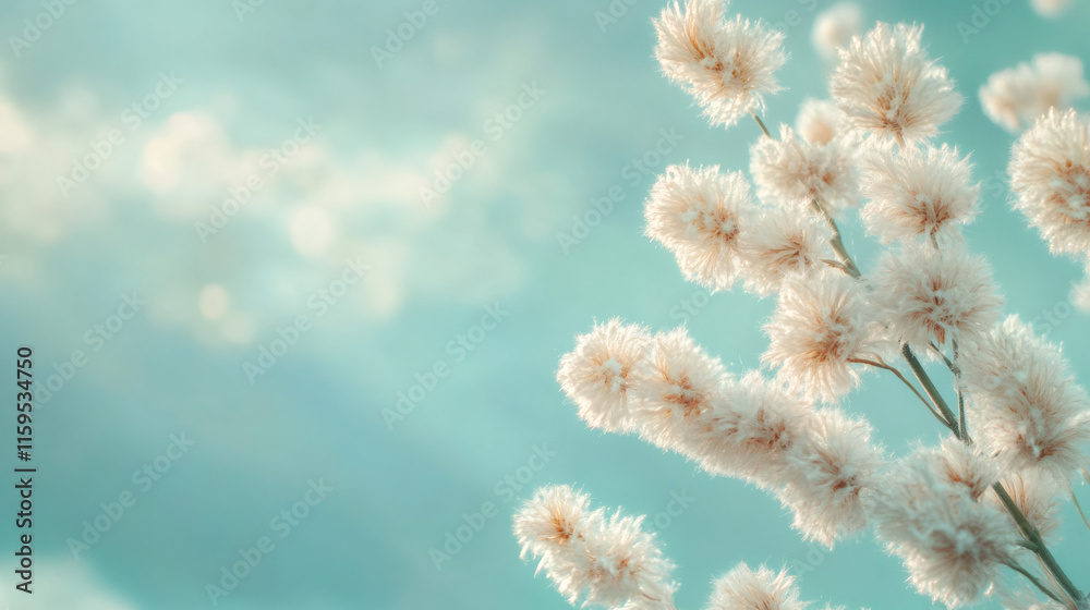 Fluffy white flowers blooming under a turquoise sky, conveying a sense of purity and renewal, perfect for easter themes Fluffy white flowers blooming under a turquoise sky, conveying a sense of purity and renewal, perfect for easter themes