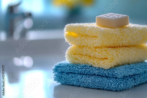 Stack of fluffy terrycloth towels and soap creating relaxing spa ambiance