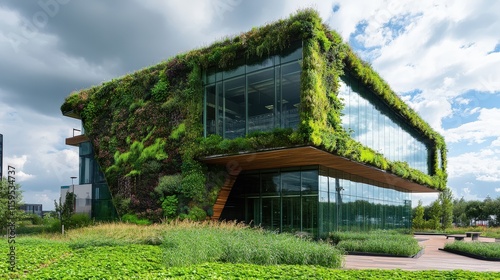 Lush green facade integrating nature into urban environment, showcasing sustainable design photo