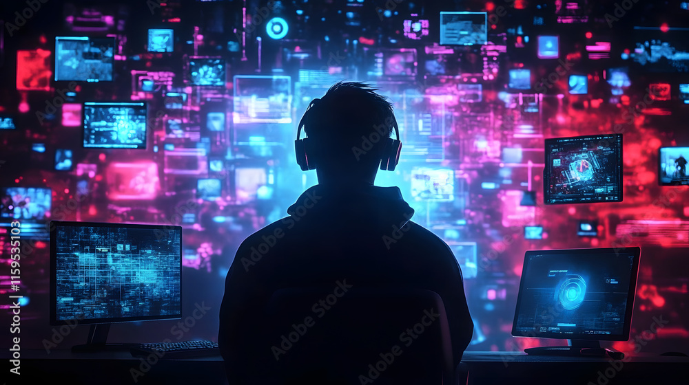 Silhouette of a gamer surrounded by digital graphics and game elements Silhouette of a gamer surrounded by digital graphics and game elements