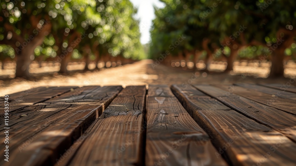 Expansive wooden table in a tranquil almond orchard surrounded by lush almond trees in bloom Expansive wooden table in a tranquil almond orchard surrounded by lush almond trees in bloom