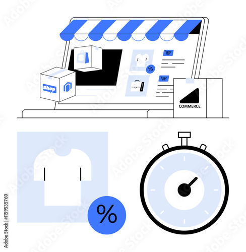 Laptop with storefront canopy product images discount symbol shopping boxes t-shirt icon and stopwatch. Ideal for e-commerce, online shopping, discounts, retail, marketing, business, sales. Line