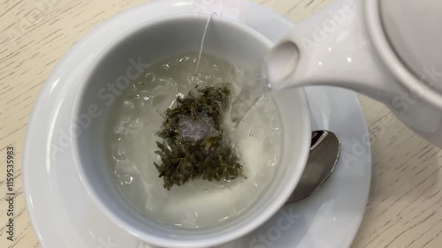 Pouring hot water to green tea
