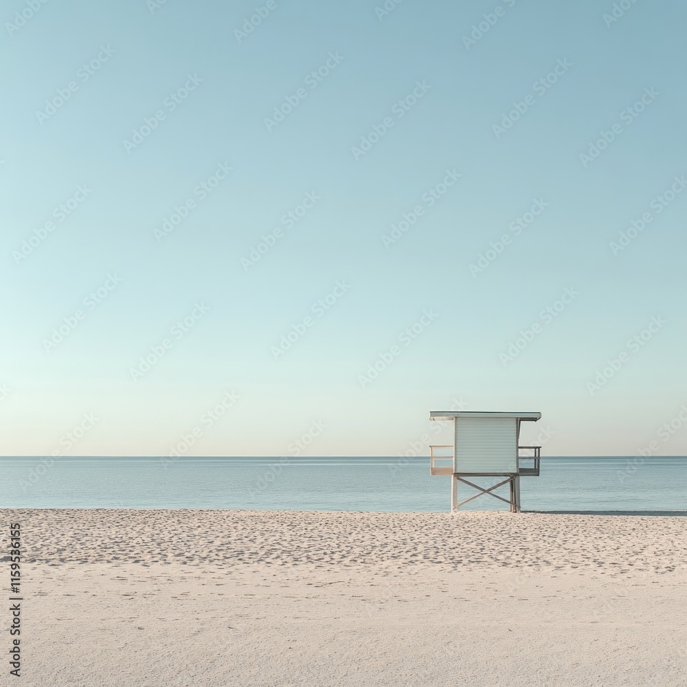Minimalist beach scene with lone lifeguard tower. Minimalist beach scene with lone lifeguard tower.