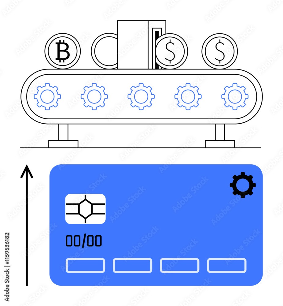 Conveyor with crypto currency symbols gears atop payment card highlighting processing. Ideal for fintech, automation, blockchain, digital finance, payment systems, technology, innovation. Line Conveyor with crypto currency symbols gears atop payment card highlighting processing. Ideal for fintech, automation, blockchain, digital finance, payment systems, technology, innovation. Line