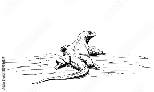 Komodo dragon hand drawn illustration, Rear view, Vector sketch of apex predator and large reptile of the monitor lizard family