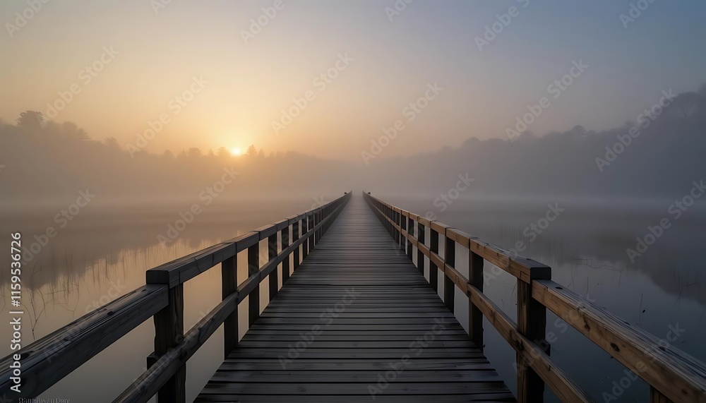 Wooden Bridge Extending into Misty Sunrise Lake Wooden Bridge Extending into Misty Sunrise Lake