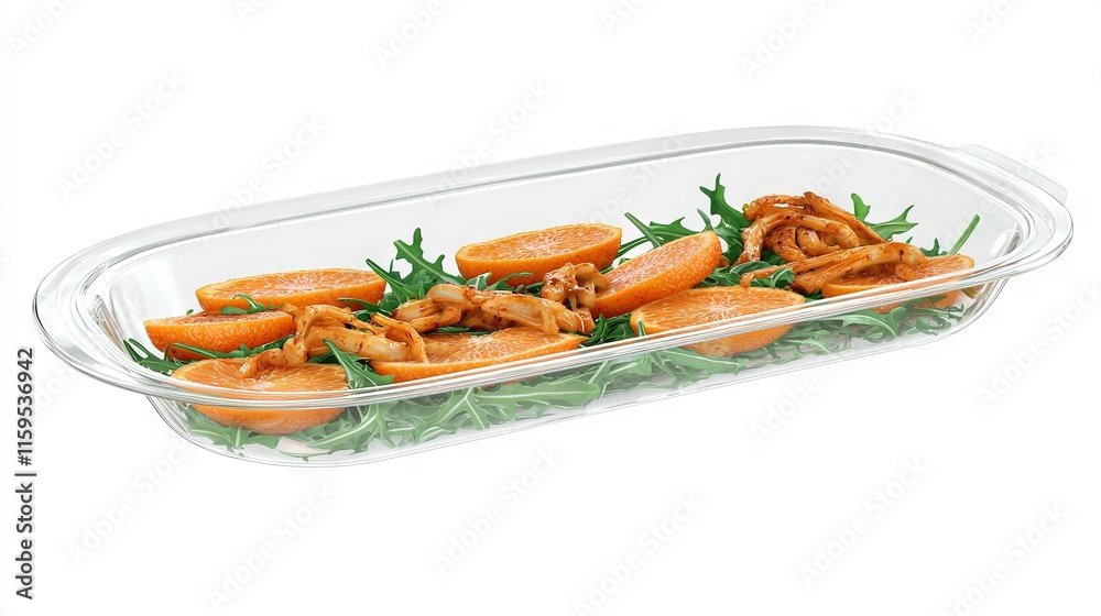 A container filled with carrot slices and vegetables atop lettuce bed A container filled with carrot slices and vegetables atop lettuce bed