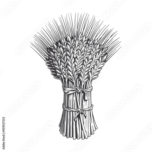 Sheaf of wheat engraving isolated on the white background, organic or bio cereal, black and white engraving style hand-drawn vector illustration