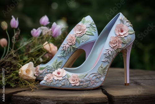 A pair of pastel stiletto heel shoes adorned with floral embroidery on a wooden bench