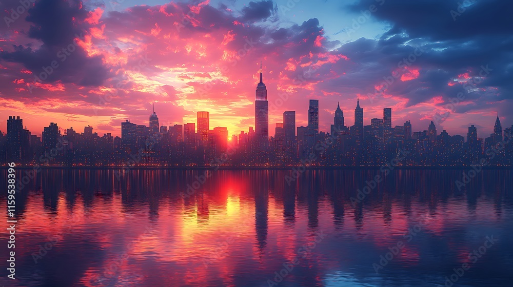 Dramatic skyline at sunset casts reflections of a glowing iconic tower photo Dramatic skyline at sunset casts reflections of a glowing iconic tower photo