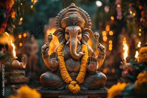 Ganesha statue holding ceremonial instruments during diwali festival