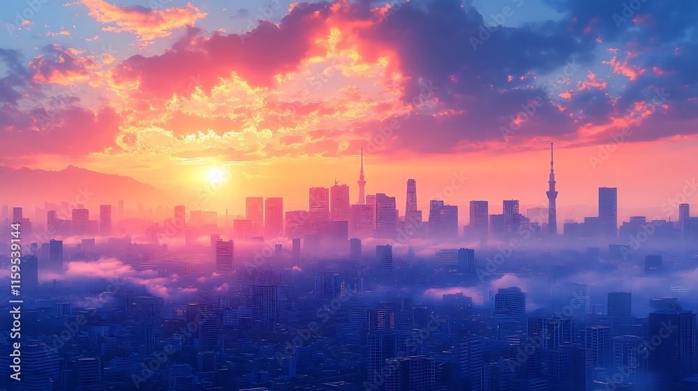 Stunning city skyline and tower glow vividly at sunset with reflections image Stunning city skyline and tower glow vividly at sunset with reflections image