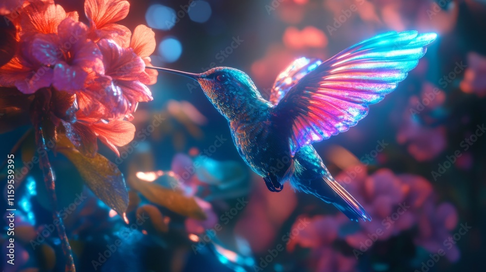 Fototapeta premium Hummingbird with iridescent wings hovering near neon flowers in a futuristic jungle, generative ai