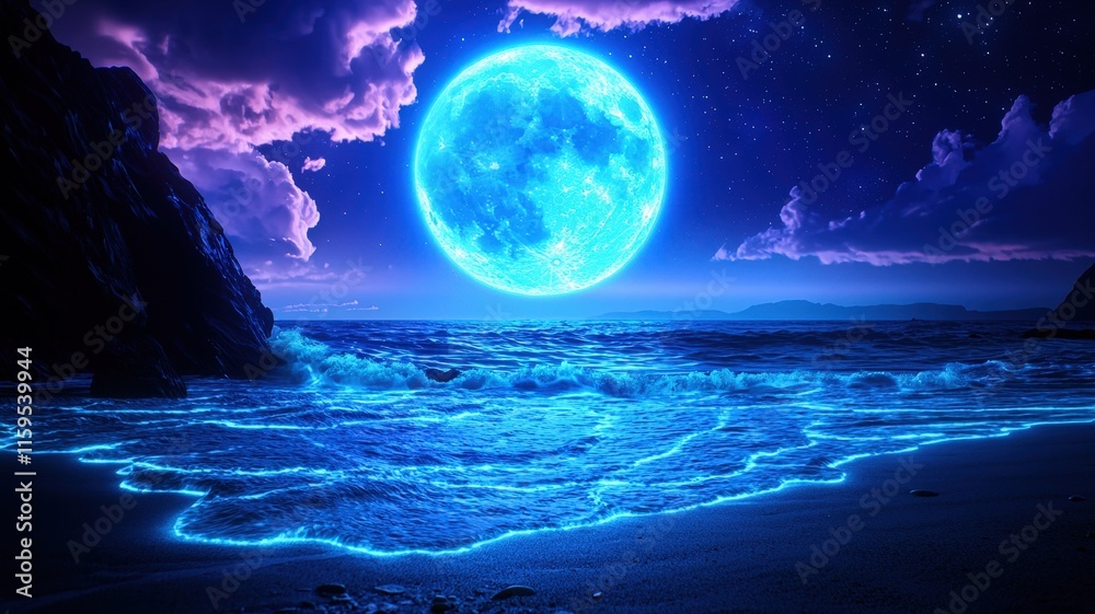 A stunning night scene featuring a glowing blue moon over an ocean, complemented by vibrant clouds and illuminated water along the shoreline.