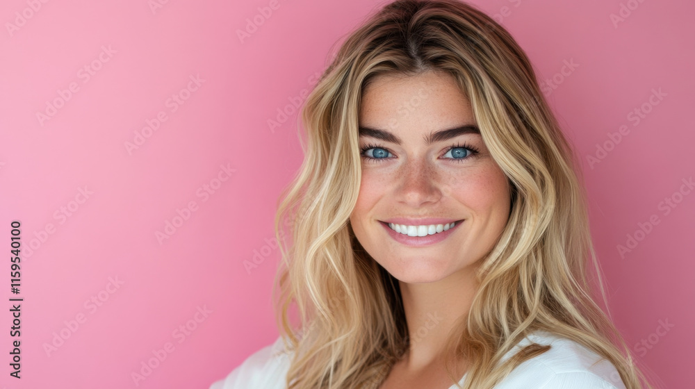 A cheerful woman with wavy blonde hair smiles brightly against a lively pink backdrop. The warm lighting creates a positive and inviting atmosphere, highlighting her joyful expression. A cheerful woman with wavy blonde hair smiles brightly against a lively pink backdrop. The warm lighting creates a positive and inviting atmosphere, highlighting her joyful expression.