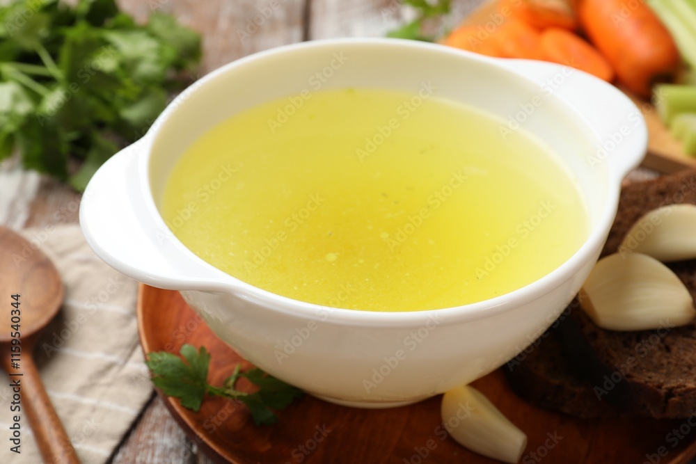 Tasty chicken bouillon served on wooden table, closeup Tasty chicken bouillon served on wooden table, closeup