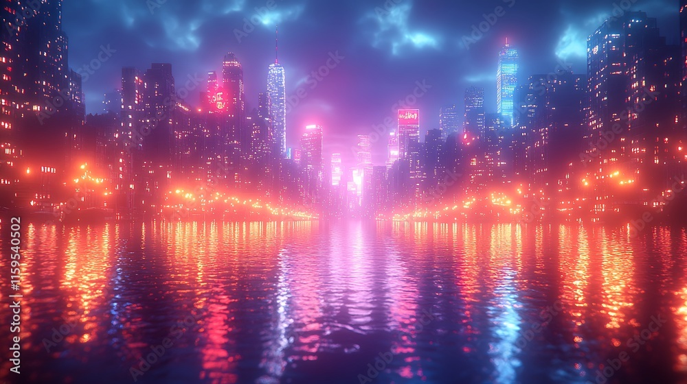 Sunset reflections shimmer on the river with glowing towers and cityscape background image Sunset reflections shimmer on the river with glowing towers and cityscape background image