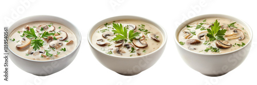 Set of steaming bowl of creamy mushroom soup garnished with fresh herbs isolated on a transparent background