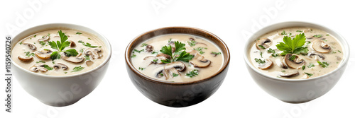 Set of steaming bowl of creamy mushroom soup garnished with fresh herbs isolated on a transparent background