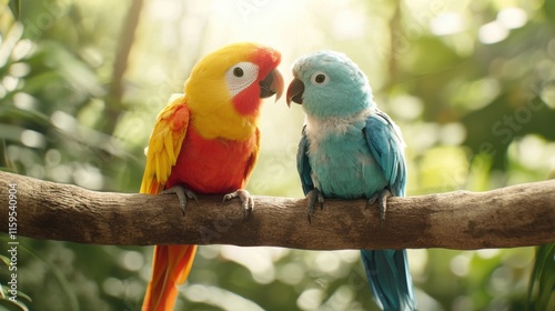 Tropisches Vogelparadies im Frühlingschaos – Papageien inmitten üppiger Vegetation photo