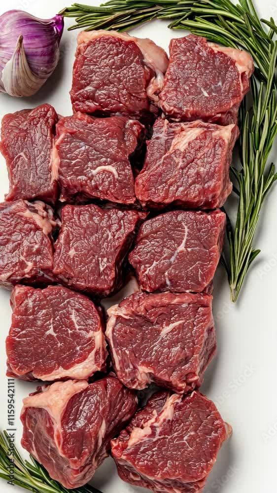 Fresh cuts of meat arranged with herbs and garlic on a white surface ready for cooking or grilling Fresh cuts of meat arranged with herbs and garlic on a white surface ready for cooking or grilling