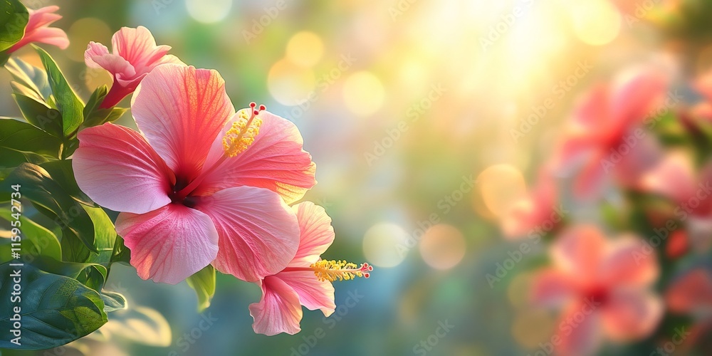 Pink hibiscus flowers blooming in warm sunlight Pink hibiscus flowers blooming in warm sunlight