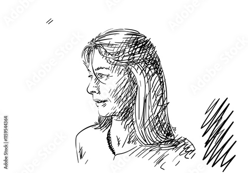 Portrait of a middle aged woman with shoulder length hair, Hand drawn, Adult female head looking aside with a slightly smile, Vector sketch