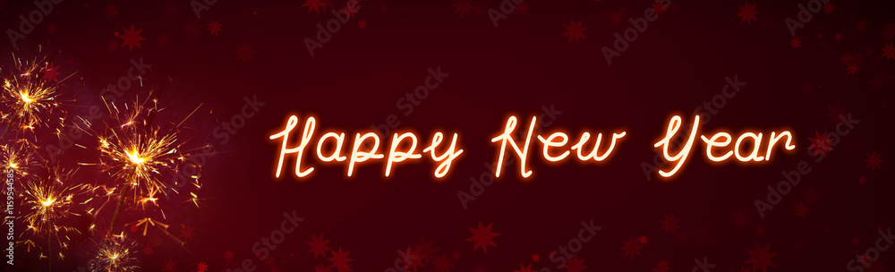 Naklejka premium New Year lettering with Bengal lights in the red night sky.