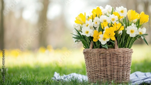 Frühlingsblüten im Weidenkorb auf Picknickdecke auf sonniger Wiese photo