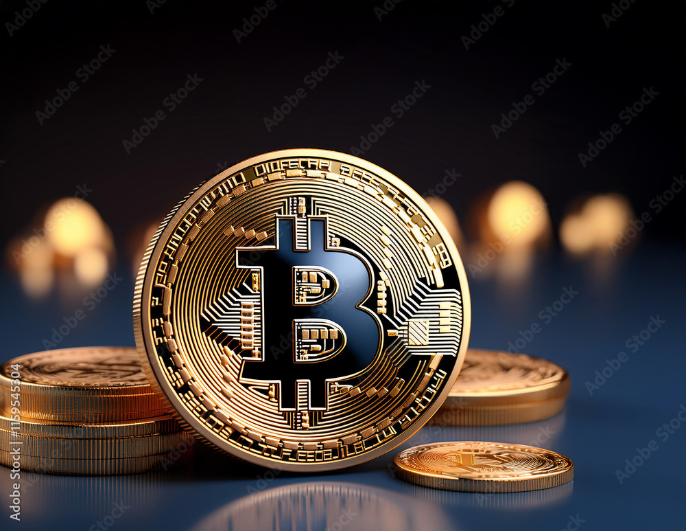 Stehender Bitcoin vor unscharfen Hintergrund