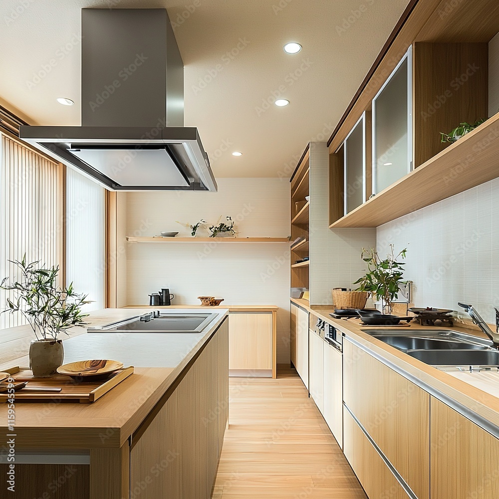Fototapeta premium A cozy kitchen features a stove-top oven and a countertop with a lush potted plant
