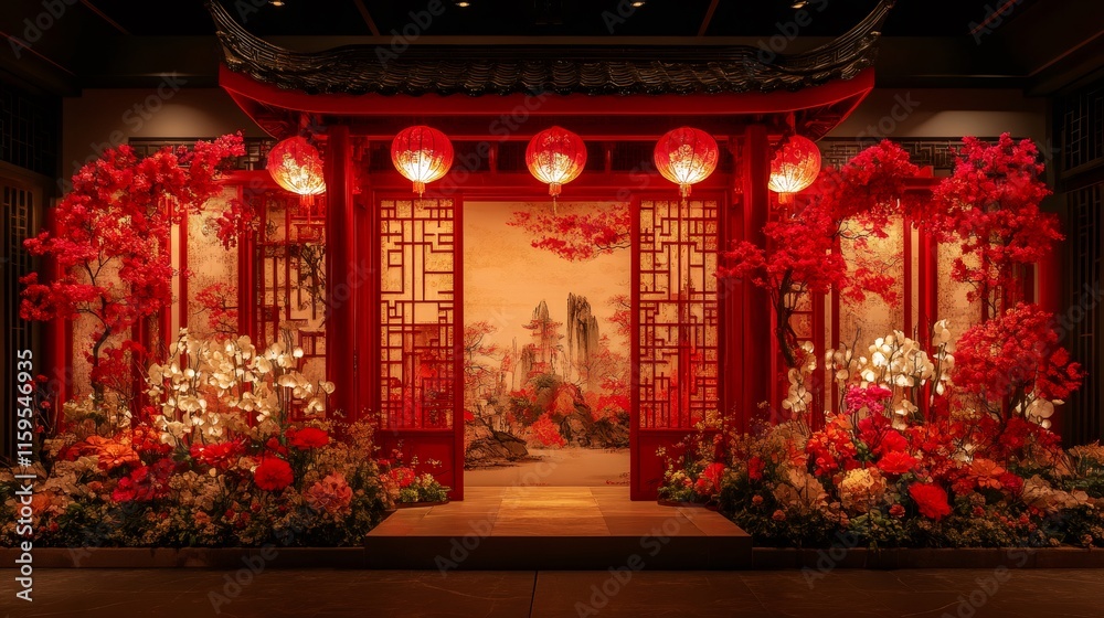 Red lanterns illuminating traditional chinese new year gate decorated with flowers Red lanterns illuminating traditional chinese new year gate decorated with flowers