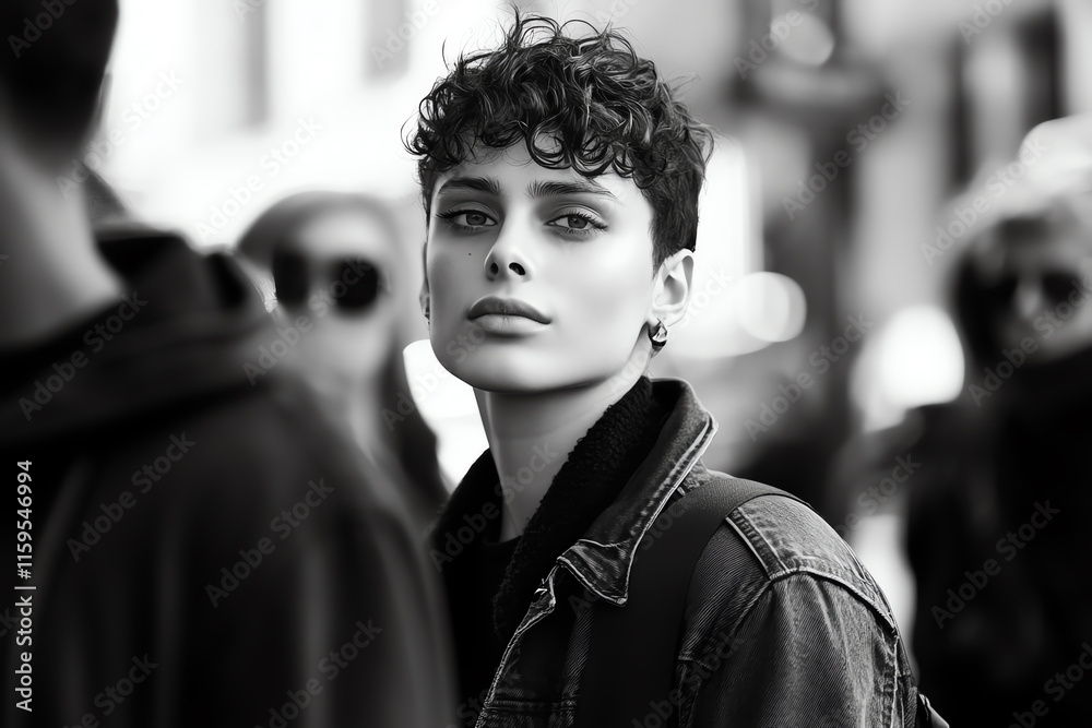 Fototapeta premium A portrait of a confident individual in a busy urban setting, capturing the essence of modern city life and personal expression in black and white.