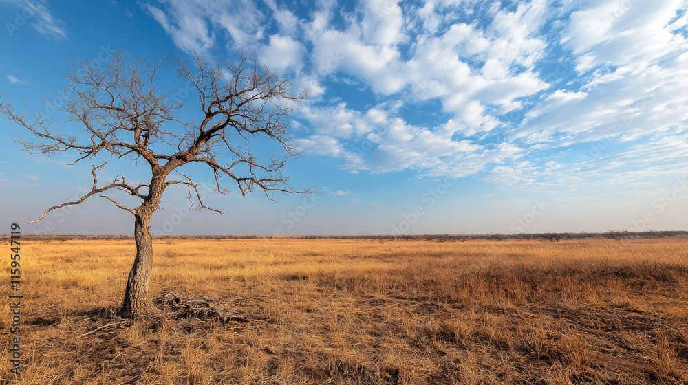 Lone bare tree stands on a dry, brown field under a blue cloudy sky.