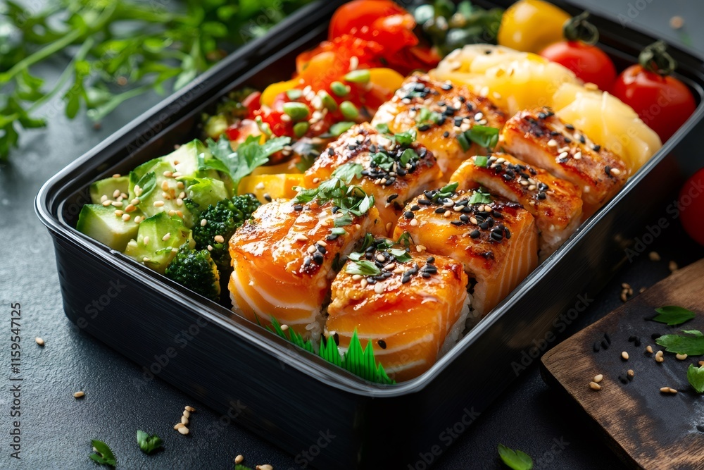 Delicious bento box with grilled salmon, rice and vegetables Delicious bento box with grilled salmon, rice and vegetables