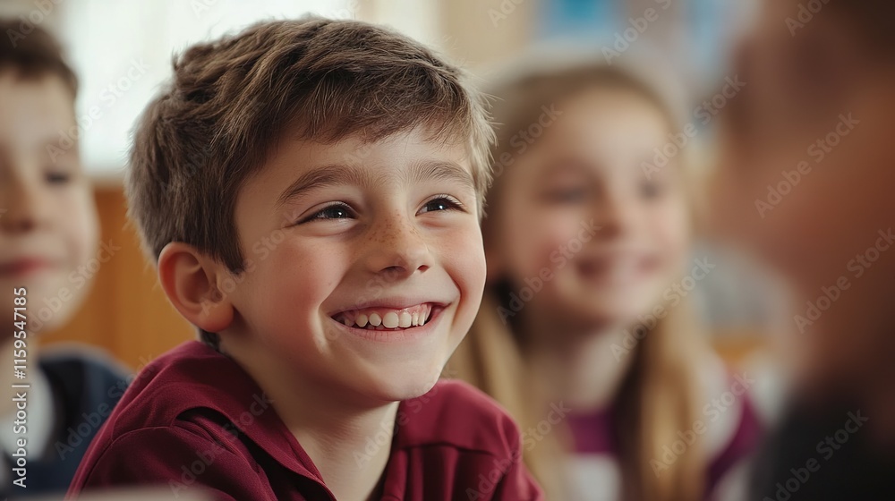 A cheerful boy smiles in a classroom, surrounded by classmates, reflecting joy and engagement in a learning environment. A cheerful boy smiles in a classroom, surrounded by classmates, reflecting joy and engagement in a learning environment.