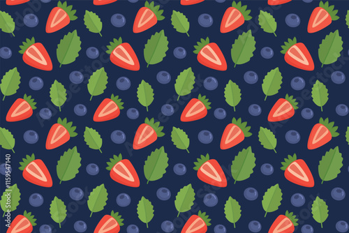 Berry seamless background with strawberries, blueberries and green mint leaves. Summer pattern on a dark blue backdrop
