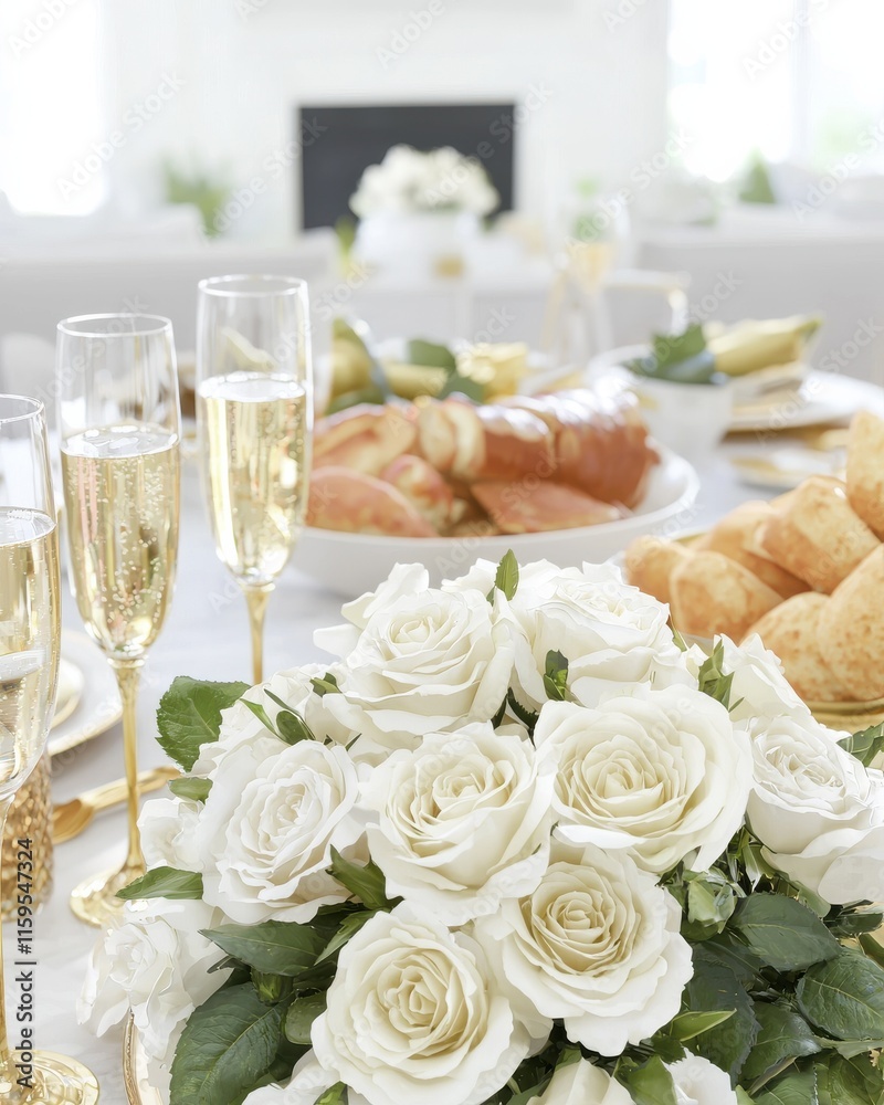 Chic sunday brunch setup with gold accents elegant dining room food bright atmosphere aesthetic presentation Chic sunday brunch setup with gold accents elegant dining room food bright atmosphere aesthetic presentation