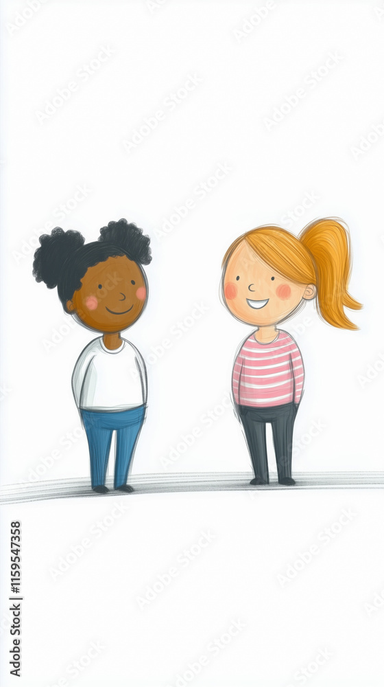 Two girls are standing next to each other and smiling Two girls are standing next to each other and smiling