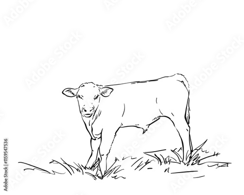 Young bull on the grass, full-length portrait, Calf standing sideways and turning its head towards the viewer, Hand drawn vector illustration
