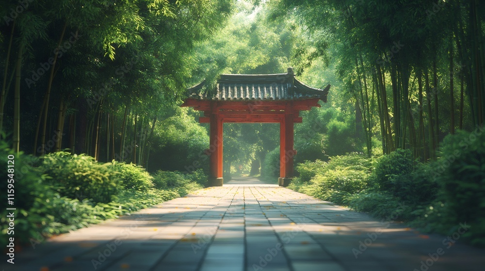 Pathway leading to traditional red gate in bamboo forest Pathway leading to traditional red gate in bamboo forest