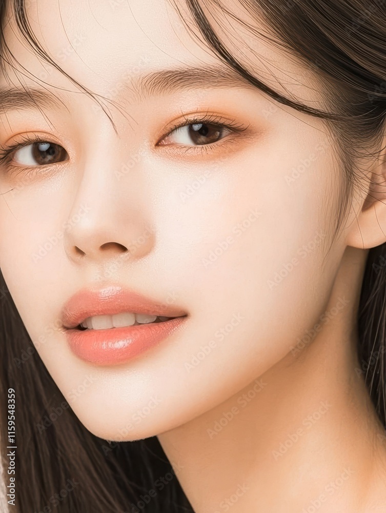 Fototapeta premium Asian woman closeup with luminous skin in soft diffused light portrait beauty studio environment